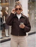 Krátký dámský kabát typu „baranek“ se zipem, čokoládová barva, FashionStreet TY6058