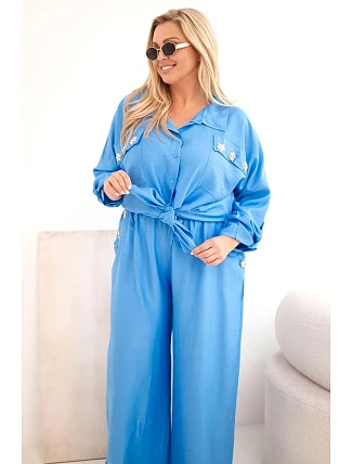 Dámský Plus Size komplet s košilí a širokými kalhotami džínový Dámský Plus Size komplet s košilí a širokými kalhotami džínový