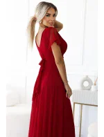 562-2 NASTIA Dlouhé šaty s hlubokým výstřihem a krátkými rukávy - Bordeaux