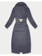 Tmavě modrý dlouhý pruhovaný dámský kabát s páskem S'West (B8542-26)