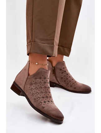 Dámské perforované kotníkové boty na nízkém podpatku Vinceza 58626 tmavě béžové