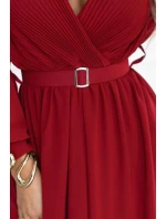 639-1 Elegantní plisované maxi šaty s páskem a obálkovým výstřihem - vínové 639-1 Elegantní plisované maxi šaty s páskem a obálkovým výstřihem - vínové