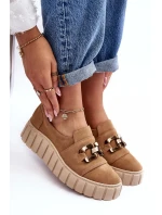 Zamszové dámské polobotky na platformě s ozdobou tmavě béžové Lewski 3398