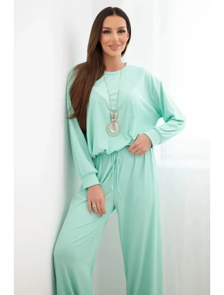 Dámský komplet z viskózy, mikina s přívěskem a široké kalhoty mentolová