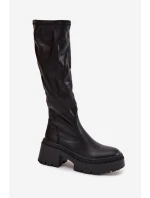 Dámské kozačky na masivním podpatku a platformě, nazouvací Florinne – černé Dámské kozačky na masivním podpatku a platformě, nazouvací Florinne – černé