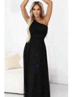 656-3 Dlouhé třpytivé večerní šaty na jedno rameno - klasické černé