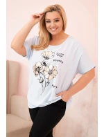 Dámská blůza Plus Size z viskózy s květinovým potiskem a nápisem modrá