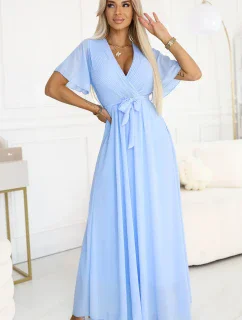 545-2 Dlouhé šaty se skládaným výstřihem a vázáním - MODRÉ