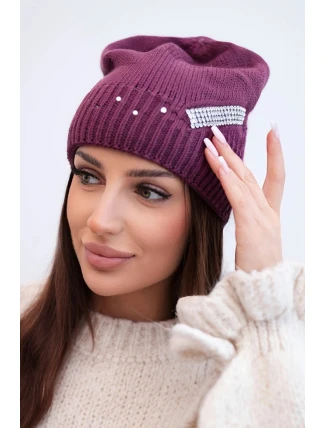 Dámská zimní vlněná čepice s ozdobným páskem zirkonů K402 tmavě fialová