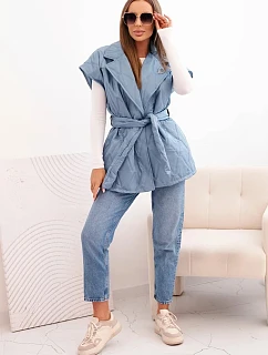 Dámská prošívaná vesta s páskem a širokým límcem džínová