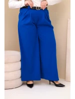 Dámské kalhoty Plus Size viskózové s širokými nohavicemi a páskem chabrové