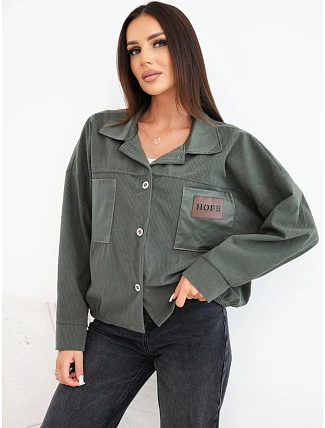 Dámská manšestrová bunda s kapsami a kontrasty khaki Dámská manšestrová bunda s kapsami a kontrasty khaki