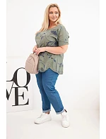 Dámská bavlněná halenka Plus Size s krátkým rukávem a kapsou khaki