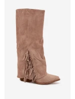 Dámské Kožené Boty Na Podpatku S třásněmi Béžové Zalia