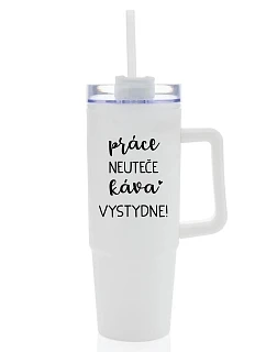 PRÁCE NEUTEČE, KÁVA VYSTYDNE! - bílý cestovní termohrnek s průhledným víčkem 900 ml  