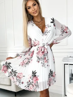 415-2 YSABEL Plisované šaty s výstřihem, dlouhými rukávy a páskem - BÍLÁ V RŮŽOVÉ barvě