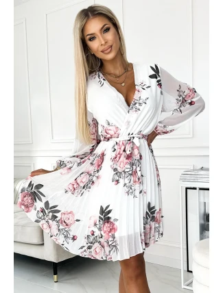 415-2 YSABEL Plisované šaty s výstřihem, dlouhými rukávy a páskem - BÍLÁ V RŮŽOVÉ barvě