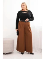 Dámské kalhoty Plus Size se širokou nohavicí a páskem čokoládové