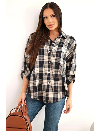 Dámská oversized kostkovaná košile s kapsami černá Dámská oversized kostkovaná košile s kapsami černá