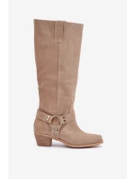 Semišové Čižmy Na Nízkém Podpatku S Návleky Před Kolena Světle Béžové Zazoo 3444/O