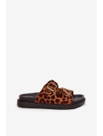 Dámské Pantofle S Leopardím Vzorem Na Platformě S Přezkami Hnědé Simbes