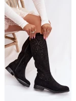 Dámské perforované kozačky na nízkém podpatku S.Barski HY61-8023 Černé