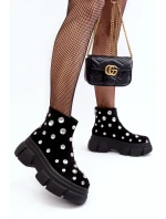 Kožené semišové zateplené kotníčková obuv s krystaly D A MR52-205 Černé Botki Damskie