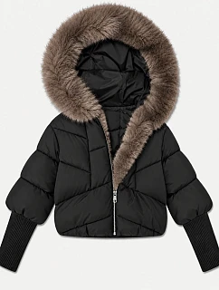 Oversize bunda zimní dámská s kožešinou černá z béžovým kožešinou (B6085-1012)
