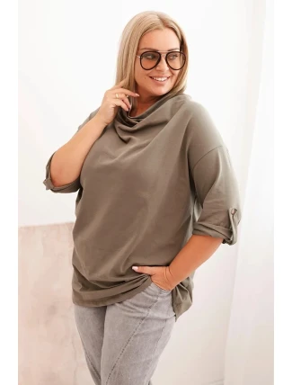 Dámská blůza Plus Size s bavlnou volného střihu s vodním výstřihem khaki