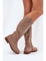 Kozačky Na Plochém Podpatku S Děrovaným Vzorem Béžové S.Barski HY51-062