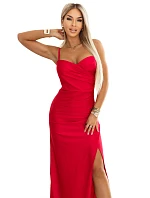 647-3 Přiléhavé dlouhé maxi šaty s obálkovým výstřihem a rozparkem - červené