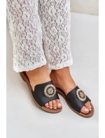 Kožené Pantofle S Dekorací Na Plochém Podpatku Zazoo 3047/O Černé