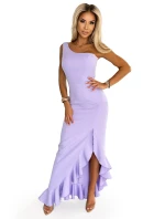 317-6 Dlouhé šaty s volánkem a asymetrickým výstřihem - levandulová barva 317-6 Dlouhé šaty s volánkem a asymetrickým výstřihem - levandulová barva