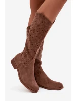 Dámské kozačky na ploché podrážce s perforovaným vzorem S.Barski HY52-531 hnědé