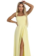 633-3 AURELIA dlouhé svatební šaty s rozparkem a výstřihem typu caro - máslově žluté s třpytkami