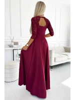 309-9 AMBER elegantní dlouhé maxi šaty s krajkovým výstřihem - Bordeaux