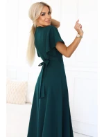 581-8 JENNIFER dlouhé šaty s rozparkem na nohou, rukávy a výstřihem - lahvově zelené