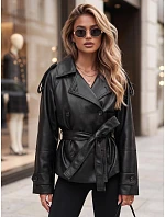Dámská dvouřadá bunda z ekokůže s páskem, černá, FashionStreet TY5911
