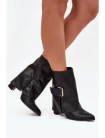 Zateplené boty na podpatku s ohrnutým svrškem a zlatou sponou černé Ylenara