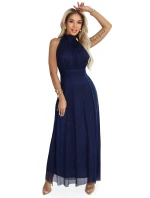 636-2 VERONICA luxusní dlouhé šaty s brokátovým akcentem a elegantním střihem - námořnická modř