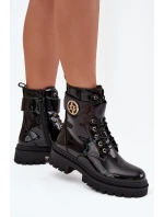 Lakované boty worker dámské se zlatým detailem zateplené černé Fiorena Lakované boty worker dámské se zlatým detailem zateplené černé Fiorena