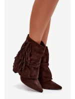 Dámské kotníkové boty na sloupkovém podpatku s třásněmi a zlatými přezkami Evelisse – čokoládové Dámské kotníkové boty na sloupkovém podpatku s třásněmi a zlatými přezkami Evelisse – čokoládové