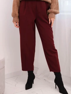 Dámské kalhoty s vysokým pasem a záhyby bordové