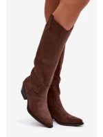 Dámské Kovábojky Na Podpatku Z Eko Semiše Hnědé Esmira