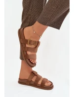 Dámské pantofle s pásky a zlatým sponou, hnědé Ulirissa