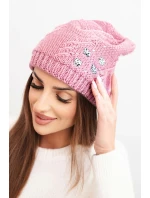 Dámská zimní čepice z vlny s ozdobnými aplikacemi K468 tmavě růžová