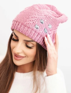 Dámská zimní čepice z vlny s ozdobnými aplikacemi K468 tmavě růžová