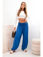 Dámské viskózové kalhoty s širokými nohavicemi a volánky chrpově modrá