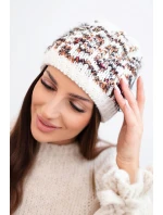 Dámská zimní vlněná čepice s norským vzorem K354 ecru+rudy