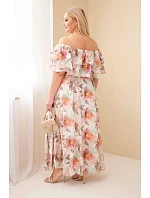 Dámské plus size maxi šaty s volánem off-shoulder a elastickým pasem béžové